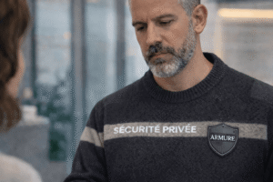 Agent de sécurité privée contrôlant un badge d’accès à l’entrée d’un immeuble de bureaux tertiaire.