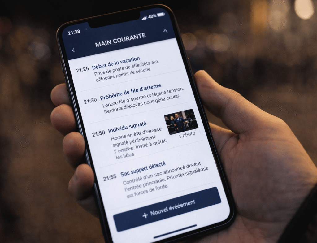 Main courante numérique affichée sur un smartphone, montrant le suivi en temps réel des événements de sécurité.