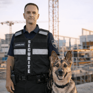 Agent de sécurité cynophile avec chien de garde devant un chantier en cours de construction
