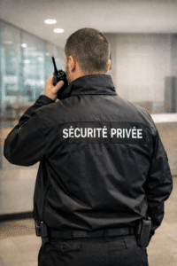 Agent de sécurité en tenue réglementaire avec marquage “Sécurité Privée” (Paris / Île-de-France)