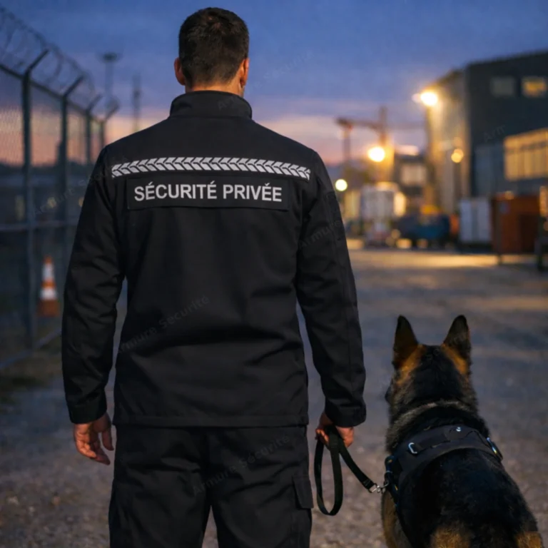 Agent de sécurité cynophile (maître-chien) en ronde de nuit