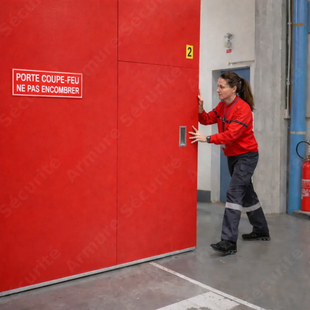 Agent SSIAP effectuant un contrôle de porte coupe-feu lors d’une ronde de sécurité incendie (ERP/IGH)