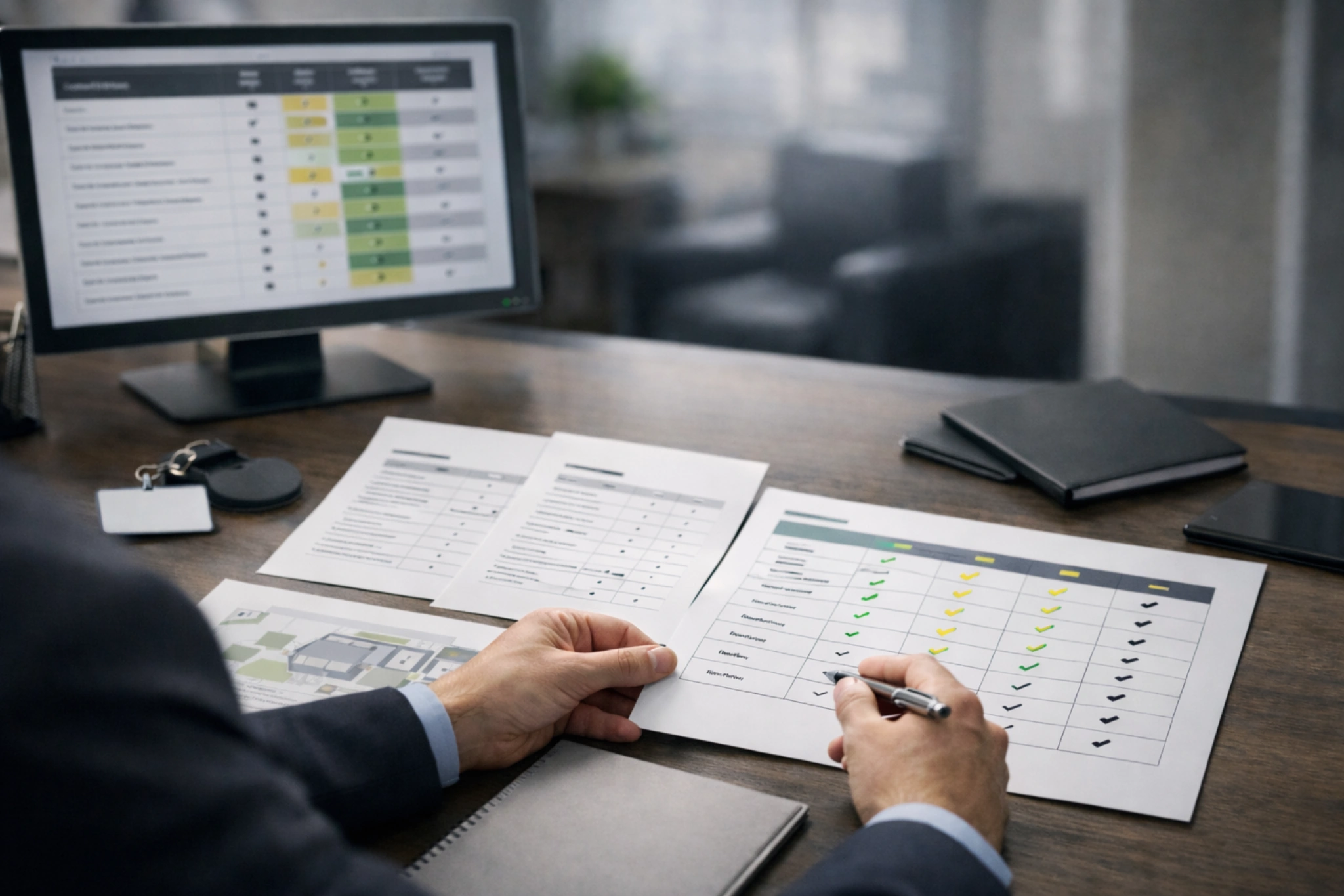Personne analyse une grille de comparaison sur papier avec un tableau d’évaluation affiché sur un écran d’ordinateur