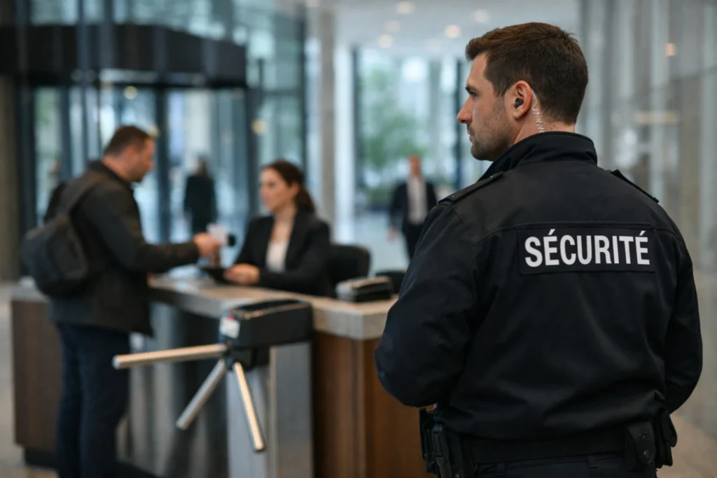 Agent de sécurité en entreprise contrôlant l’accès des visiteurs à l’accueil.