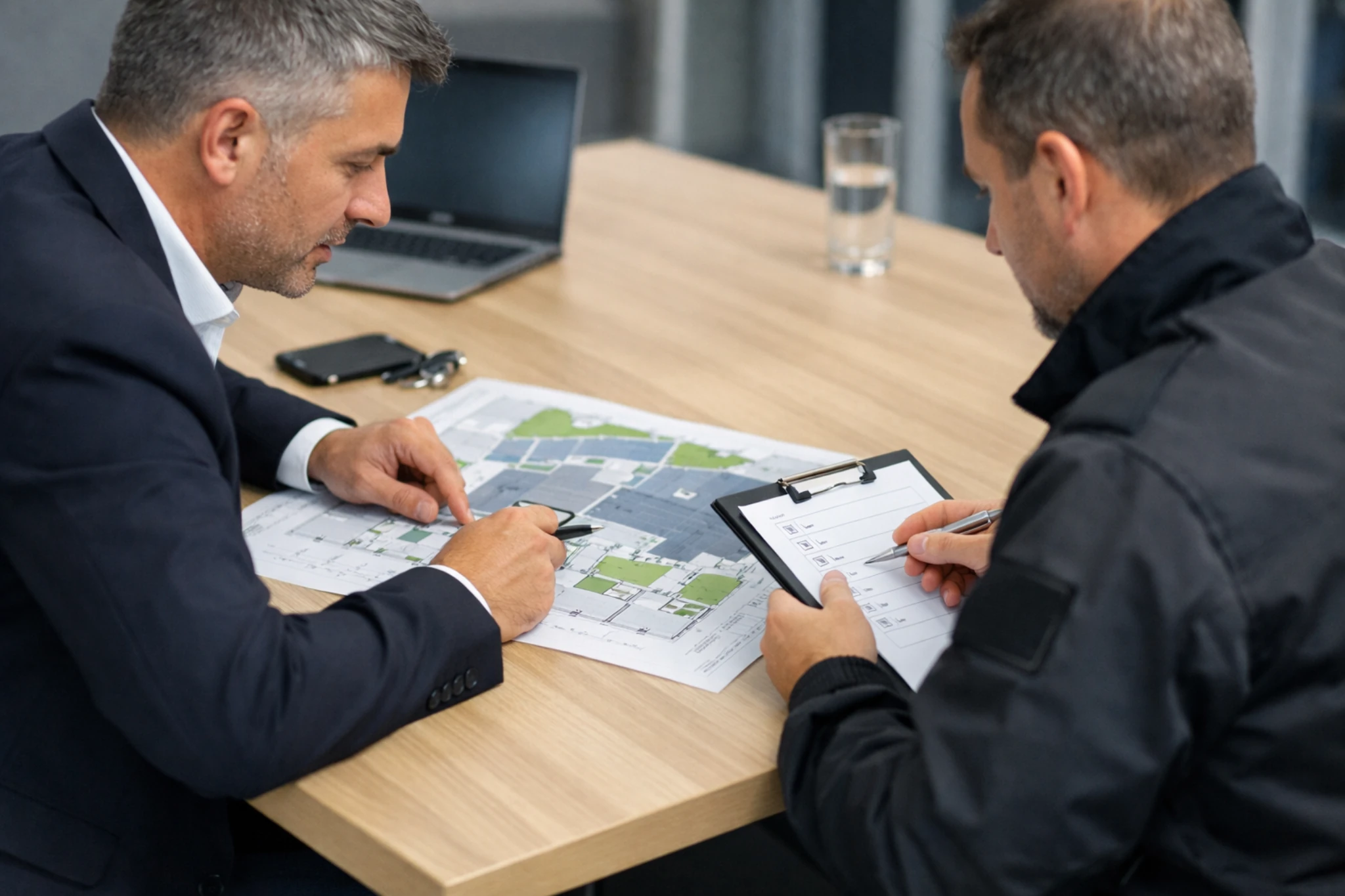 Réunion de cadrage entre un responsable de site et un consultant en sécurité autour d’un plan.