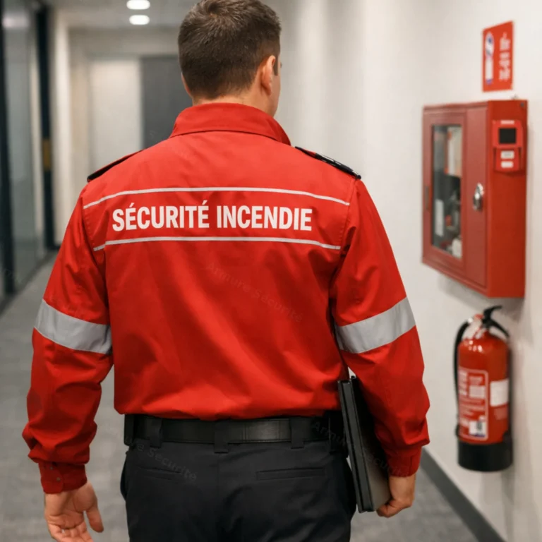 Agent de sécurité incendie (SSIAP) en ronde dans un couloir