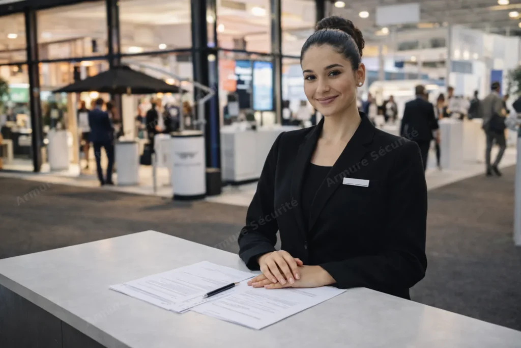Hôtesse d’accueil orientant les visiteurs lors d’un événement professionnel