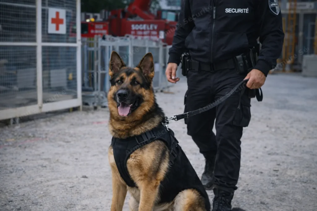Maître-chien en ronde sur chantier pour prévenir les intrusions