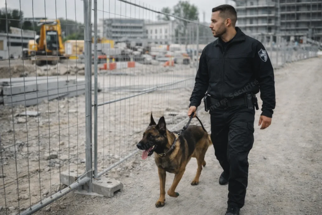Équipe cynophile en surveillance sur un site sensible avec chien de sécurité