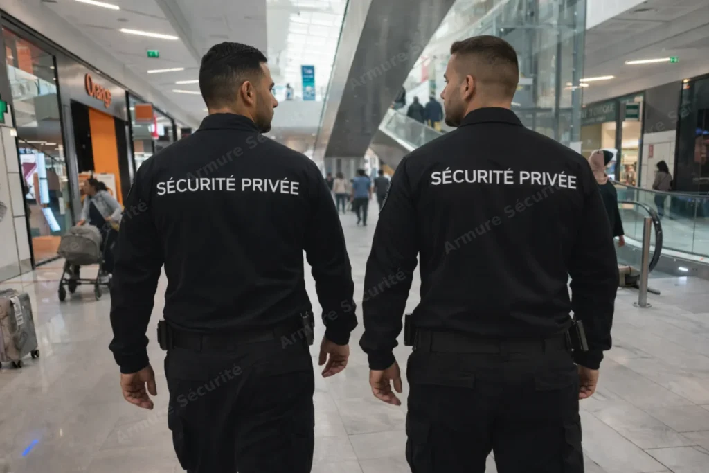 Patrouille de sécurité privée dans un centre commercial