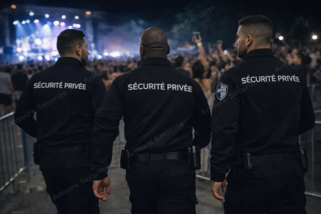 Équipe de sécurité privée en dispositif événementiel devant un concert