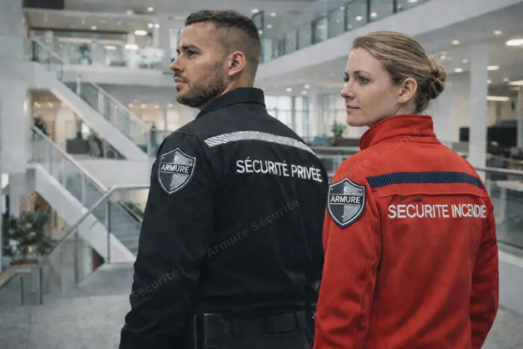 Équipe sécurité privée et SSIAP en surveillance dans un bâtiment tertiaire