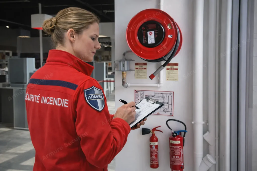 Personnel SSIAP contrôlant des équipements de sécurité incendie dans un ERP et dans un IGH