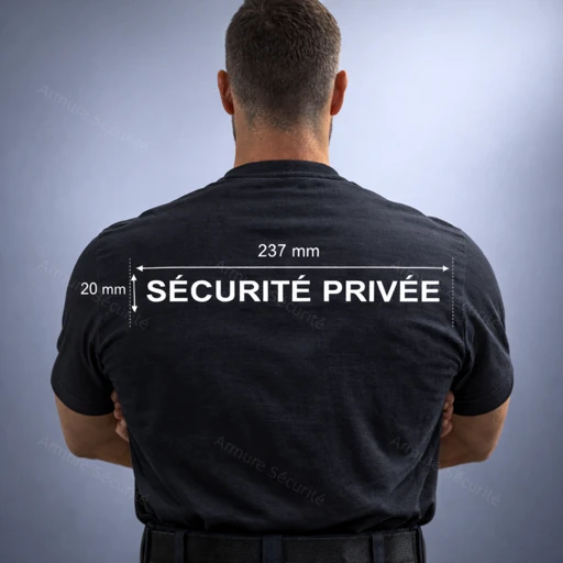 Agent de sécurité privée en tenue réglementaire avec NUB en poitrine et marquage SÉCURITÉ PRIVÉE au dos conforme 2024