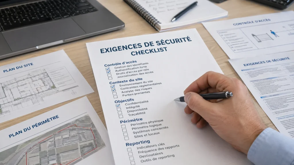 Checklist d’exigences de sécurité utilisée pour préparer un cahier des charges avec plan du site et périmètre