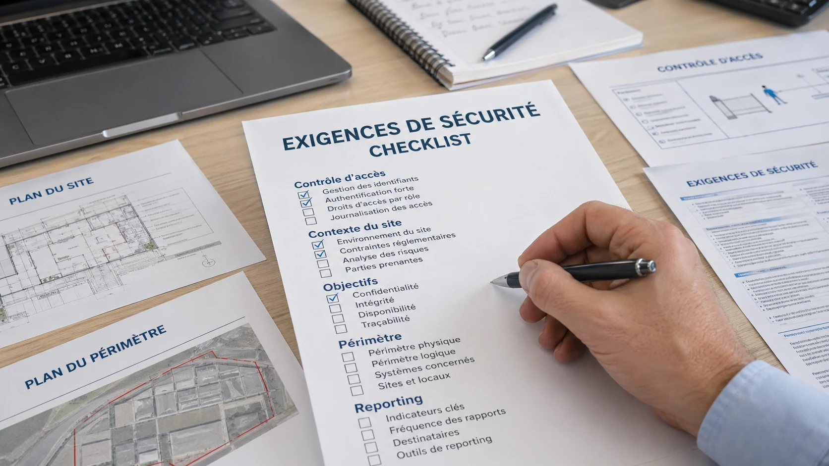 Checklist d’exigences de sécurité utilisée pour préparer un cahier des charges avec plan du site et périmètre