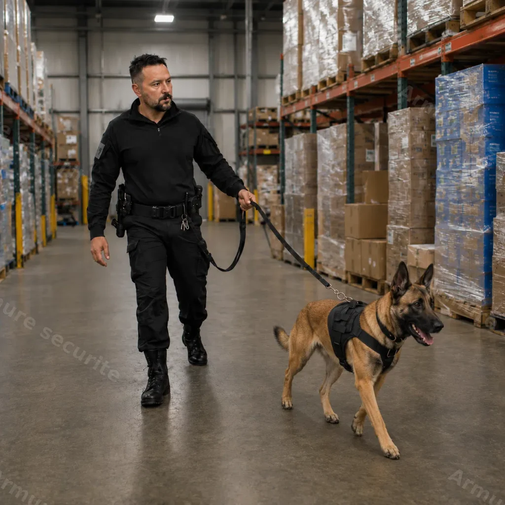 Agent cynophile effectuant une ronde dans un entrepôt logistique