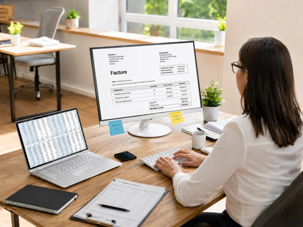 Professionnelle vérifiant une facture électronique en français sur un ordinateur dans un bureau