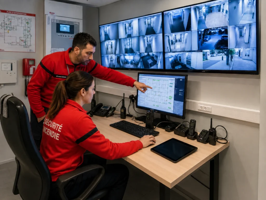 Agent SSIAP et opératrice en PC sécurité incendie surveillant des écrans de vidéosurveillance et les installations d’un site.
