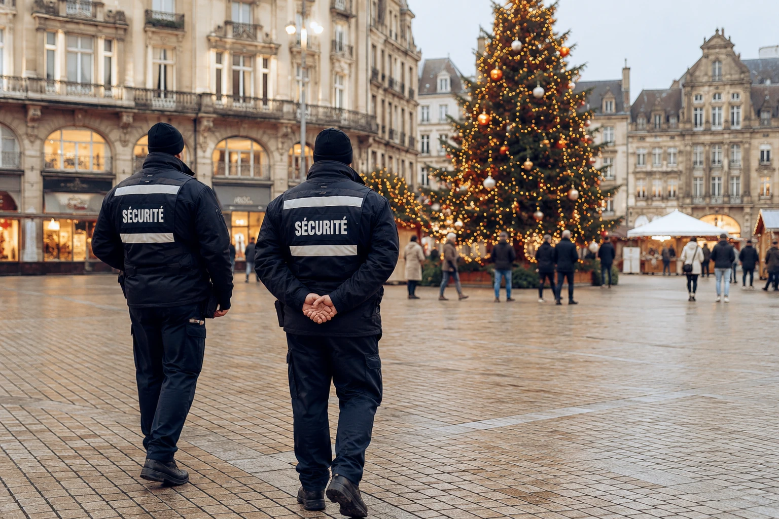 Deux agents de sécurité en gardiennage surveillent une place animée décorée pour Noël, devant un grand sapin illuminé.