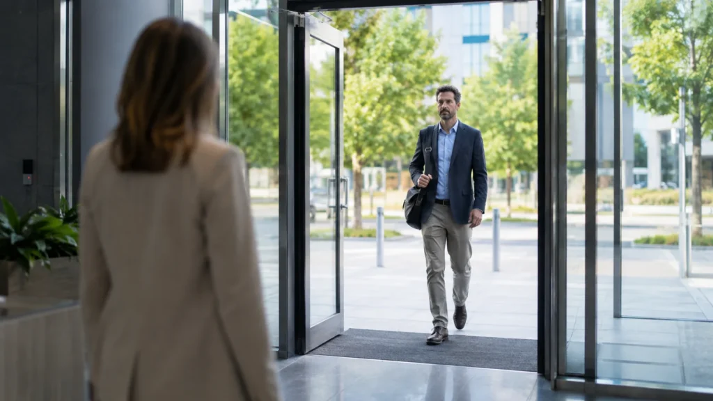 Entrée vitrée d’un bâtiment avec une personne s’approchant de l’accès