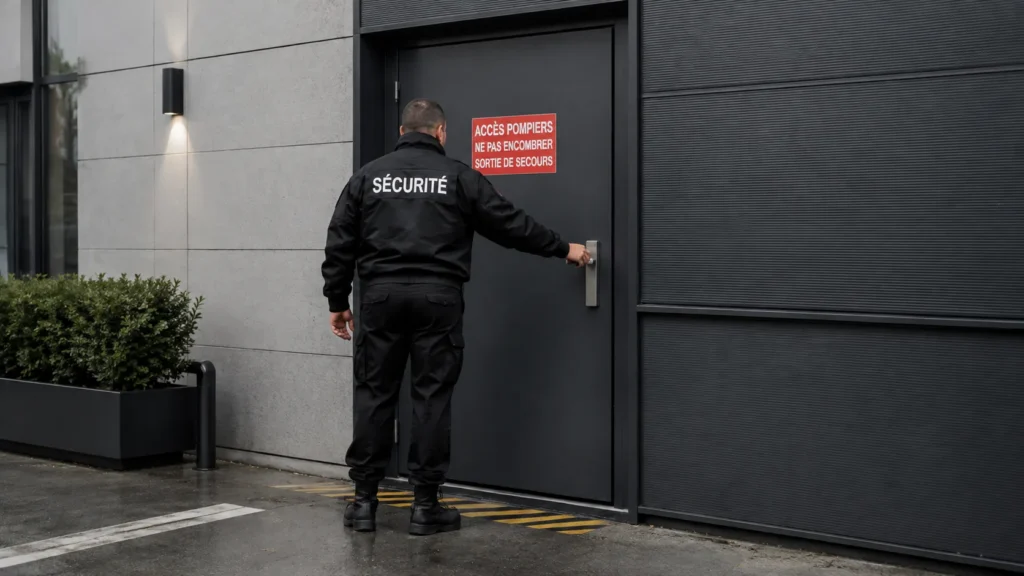 Agent de sécurité contrôlant un accès de secours sur un site professionnel