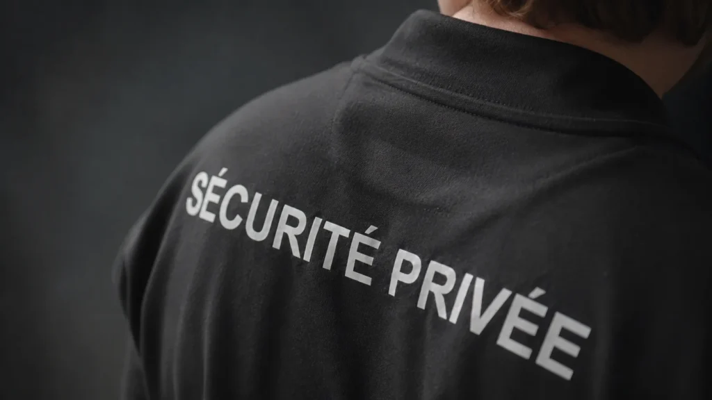 Dos d’une veste noire avec la mention Sécurité Privée