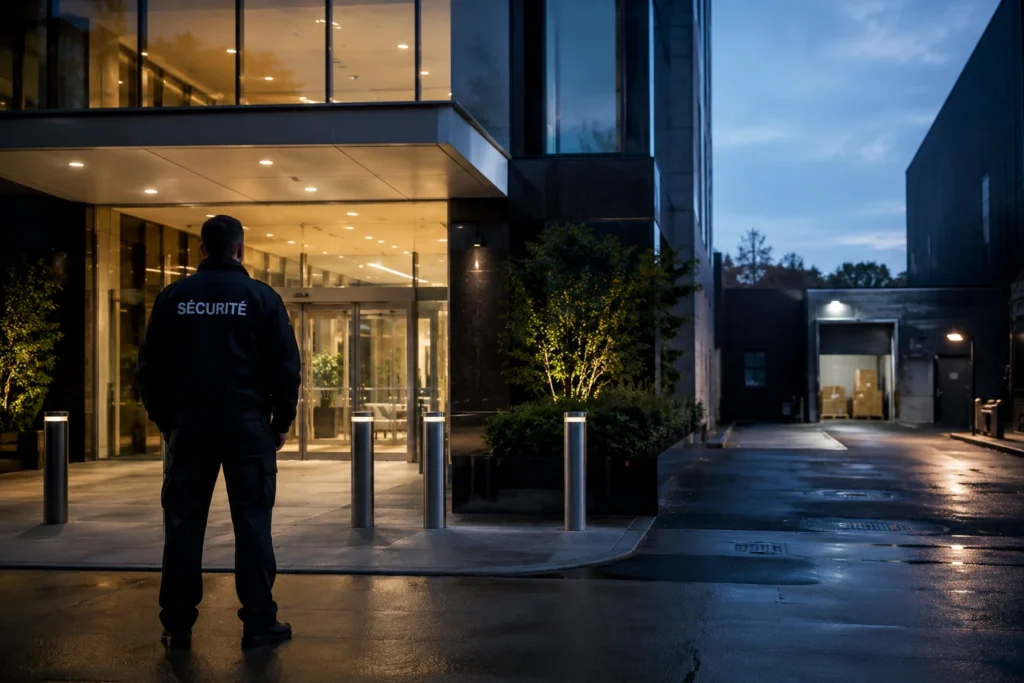 Agent de sécurité devant l’entrée d’un immeuble de bureaux, illustrant la différence entre sécurité visible et sécurité opérationnelle.
