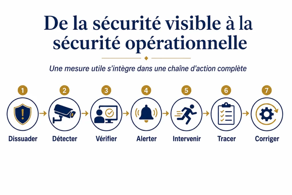 security theater, schéma montrant le passage de la sécurité visible à la sécurité opérationnelle : dissuader, détecter, vérifier, alerter, intervenir, tracer et corriger.