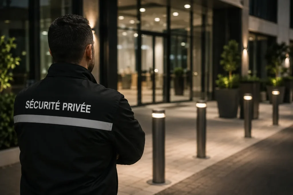 Agent de sécurité privée surveillant l’entrée d’un site professionnel
