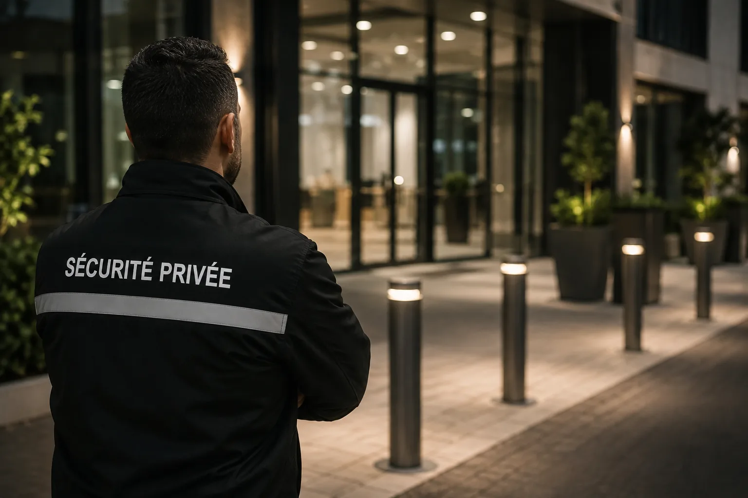 Agent de sécurité privée surveillant l’entrée d’un site professionnel