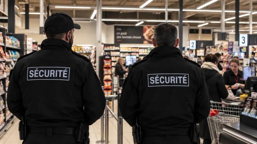 Deux agents de sécurité surveillant la zone des caisses dans un supermarché