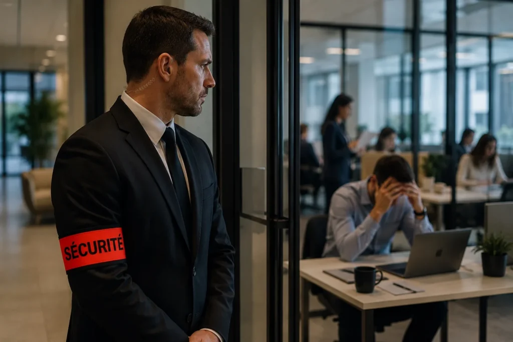 Agent de sécurité dans des bureaux avec un salarié en situation de stress