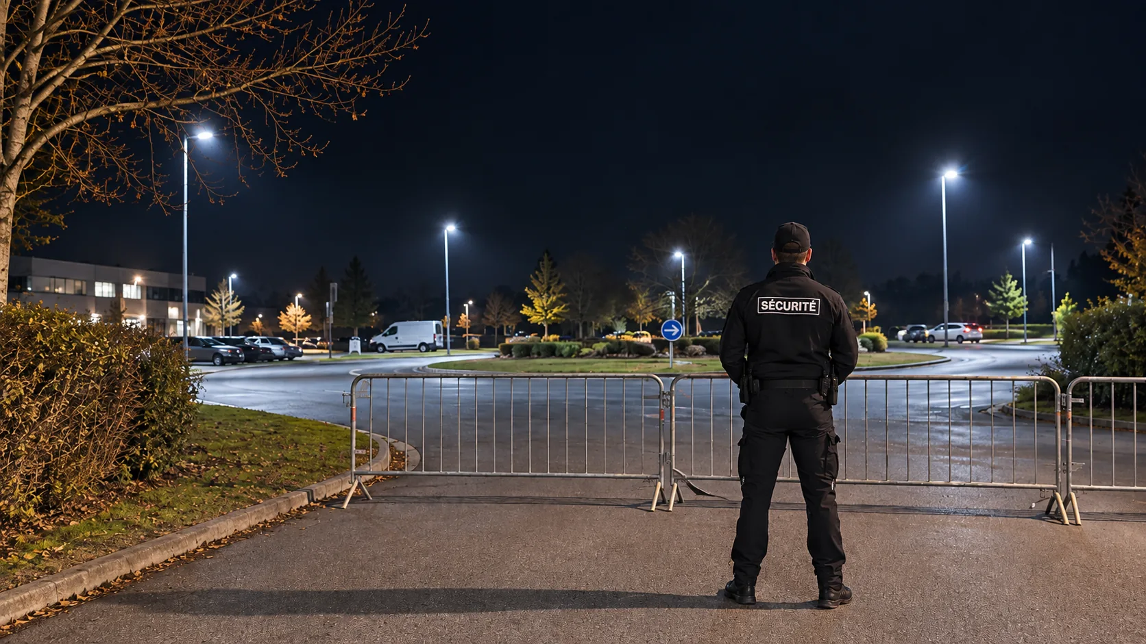 Agent de sécurité assurant le gardiennage de nuit d’un site professionnel
