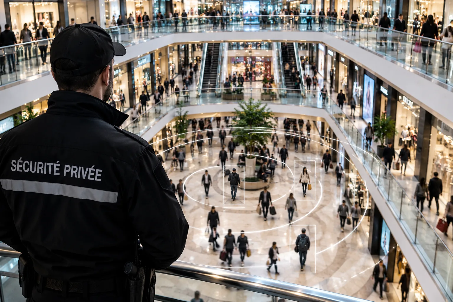Agent de sécurité privée surveillant un espace commercial