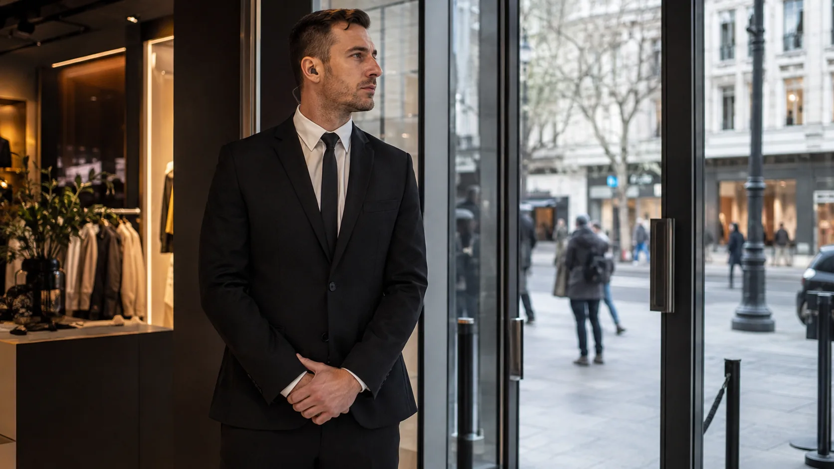 Agent de sécurité observant l’entrée d’une boutique depuis l’intérieur