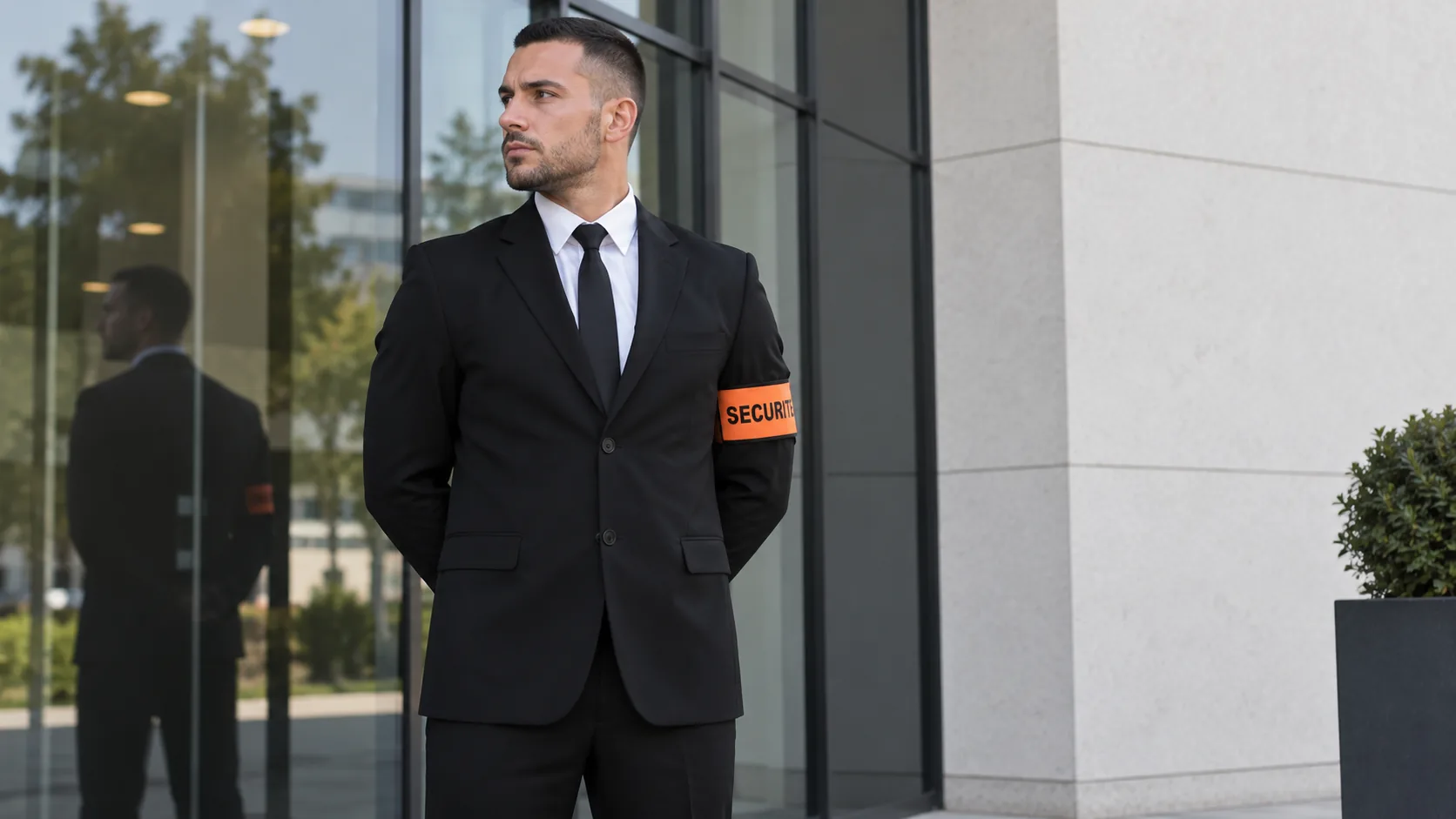 Agent de sécurité en costume devant l’entrée d’un immeuble professionnel