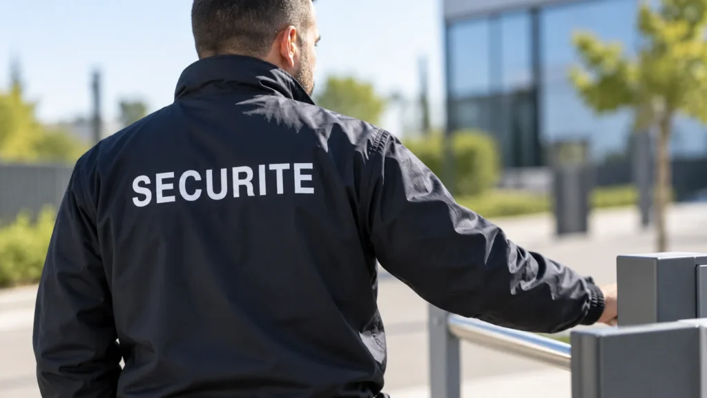 Agent de sécurité surveillant l’entrée d’un site professionnel
