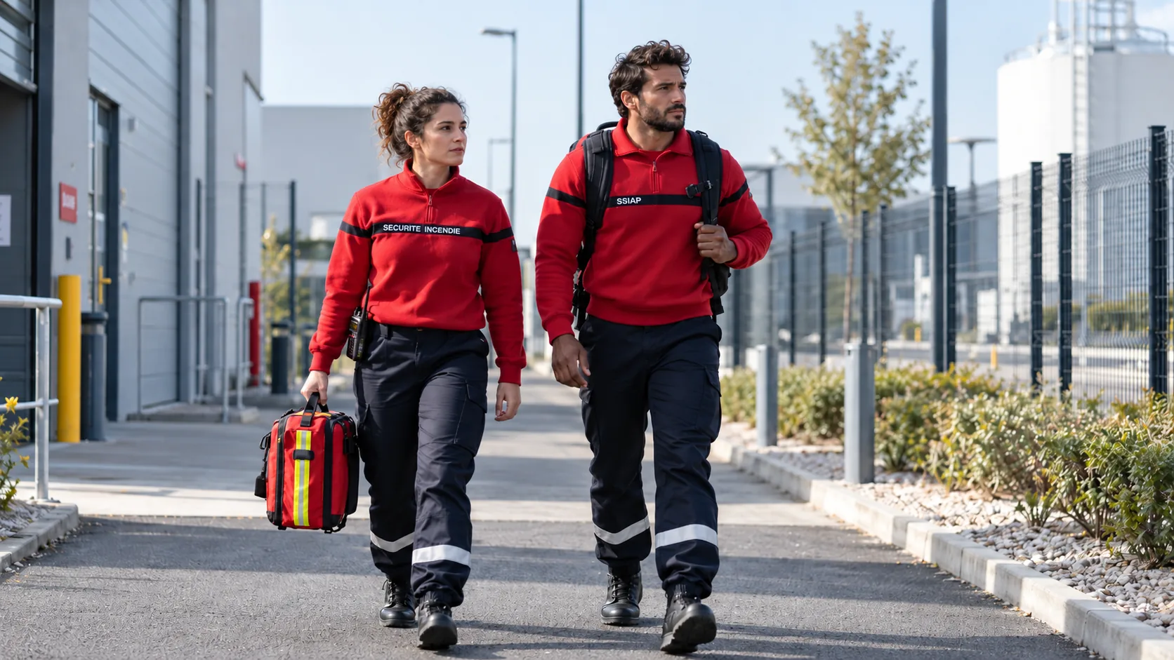 Deux agents de sécurité incendie SSIAP en tenue rouge sur site