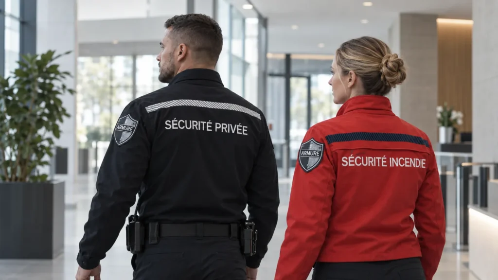Deux agents de sécurité évoluant dans le hall d’une entreprise