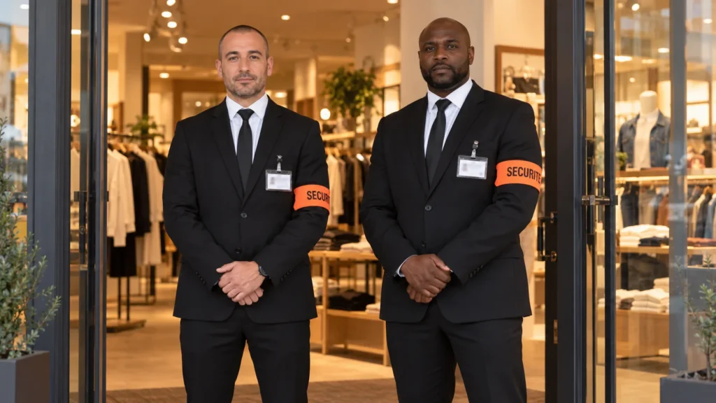 Deux agents de sécurité en costume à l’entrée d’une boutique