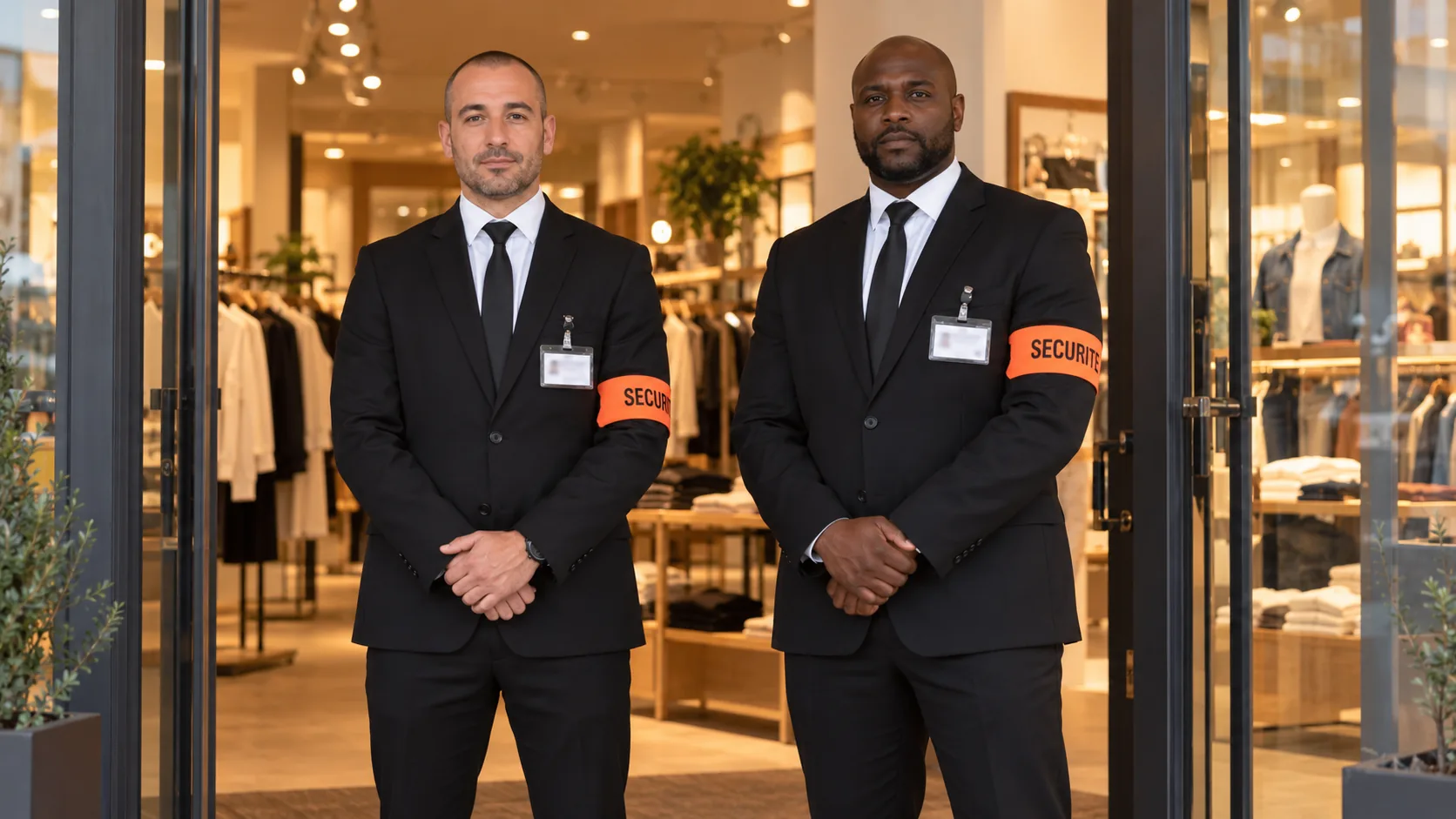 Deux agents de sécurité en costume à l’entrée d’une boutique